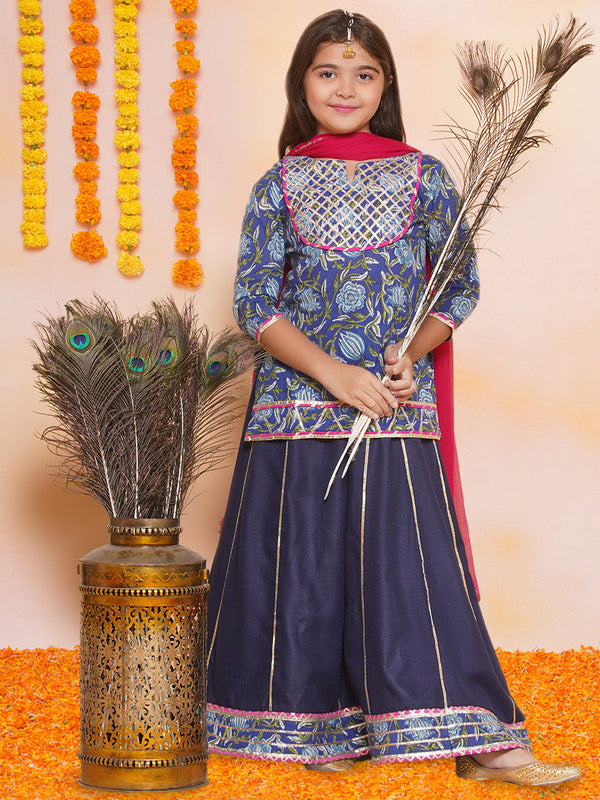 Girls Navy Blue & Blue Lace work kurti Ready to wear Lehenga with Pink Dupatta