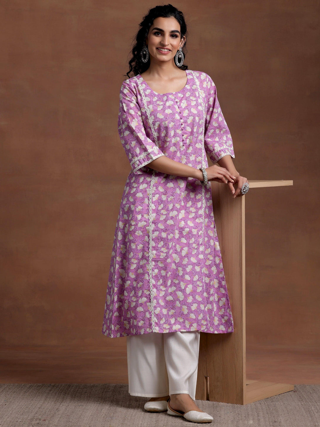 Purple Printed Cotton A-Line Kurta - Jashvi