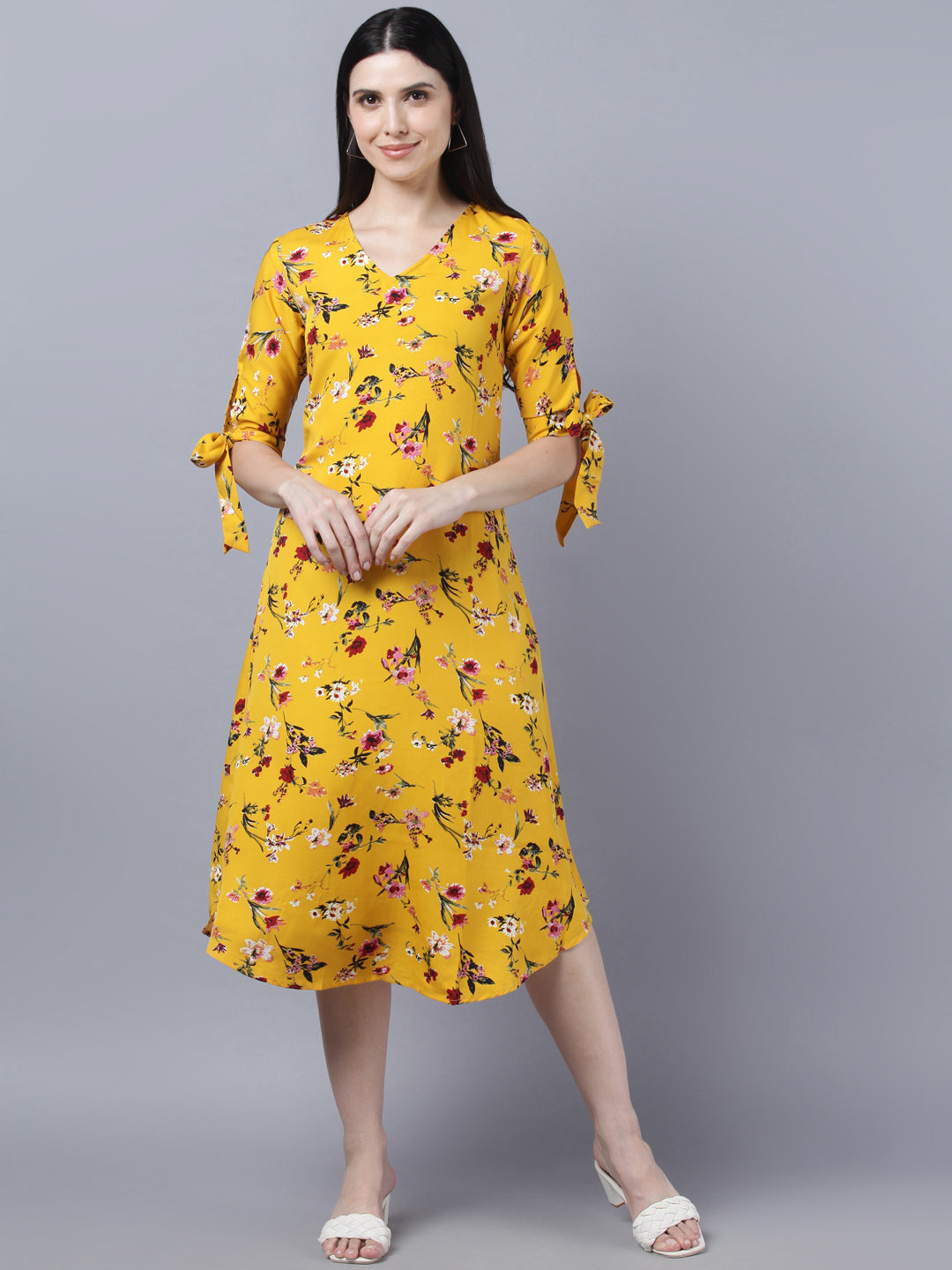 Women's Yellow Floral Printed Flared Sleeves Thread Work Crepe Kurta - Myshka