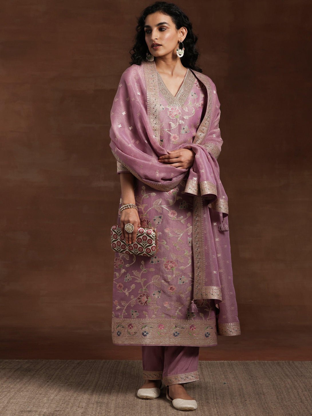 Mauve Woven Design Silk Blend Straight Kurta With Trousers & Dupatta - Jashvi