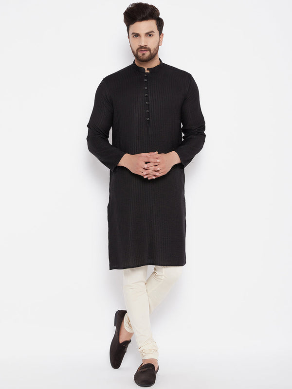 Men's Woven Design Black Straight Kurta - Even Apparels