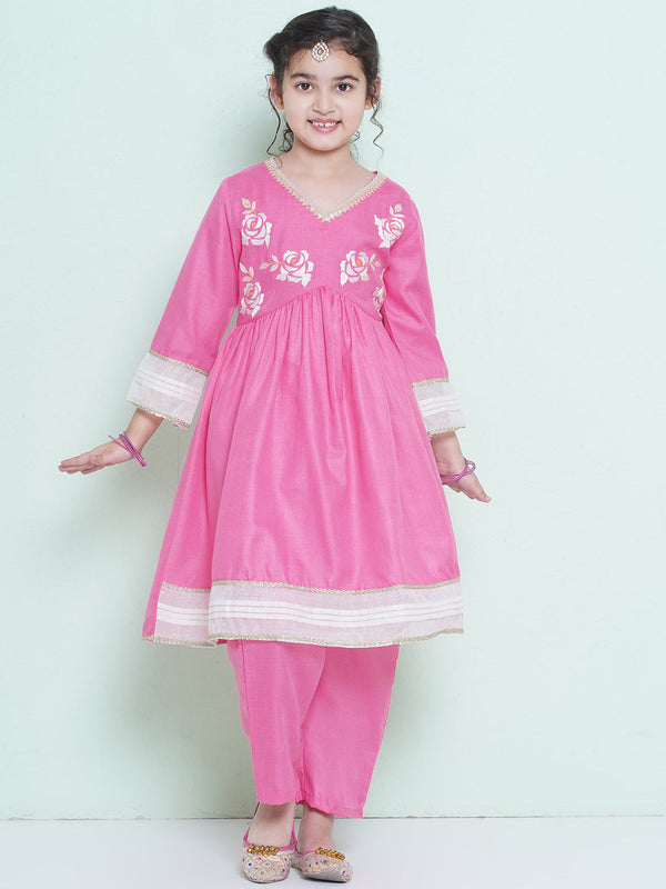 Jashvi Girls Pink Embroidered Alia Design Kurta With Trousers