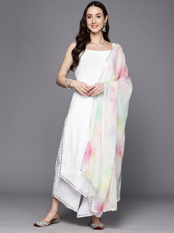 White Floral Printed Gotta Patti Pure Cotton Kurta With Palazzos & Dupatta