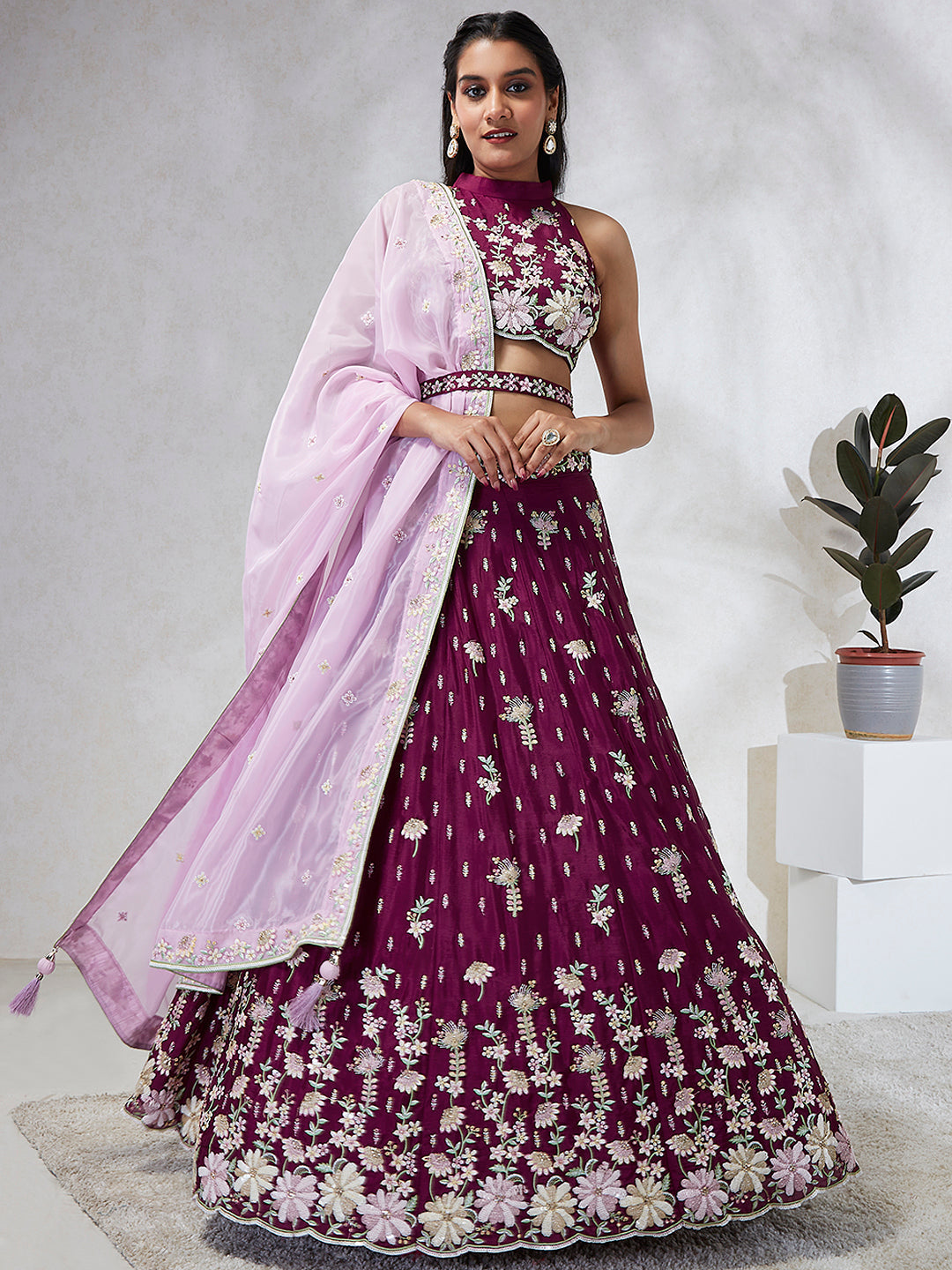 Women's Burgundy Pure Georgette Sequins And Thread Embroidery  Lehenga Choli & Dupatta - Royal Dwells