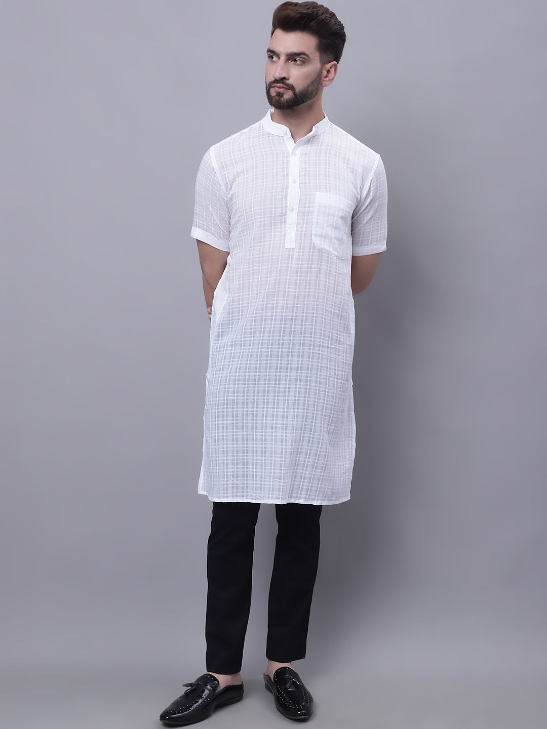 Men's Pure Cotton Short Sleeves Kurta With Band Collar - Even Apparels