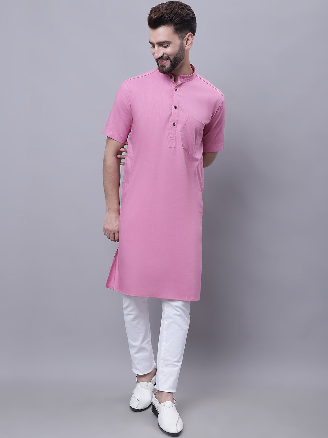 Men's Pure Cotton Short Sleeves Kurta With Band Collar - Even Apparels