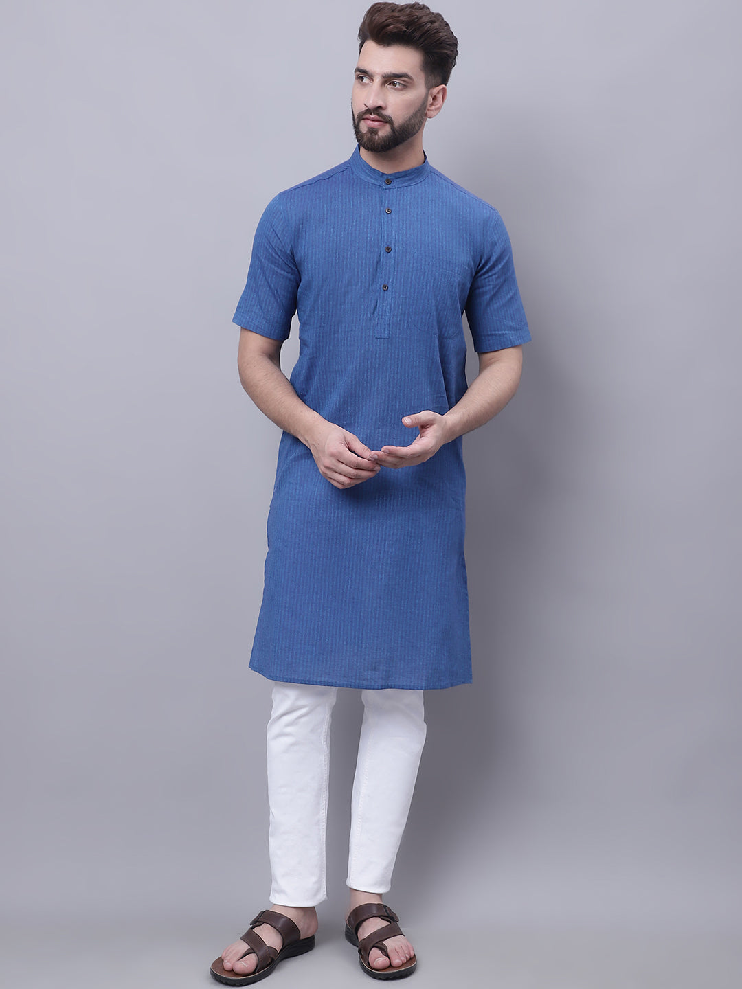 Men's Pure Cotton Short Sleeves Kurta With Band Collar - Even Apparels