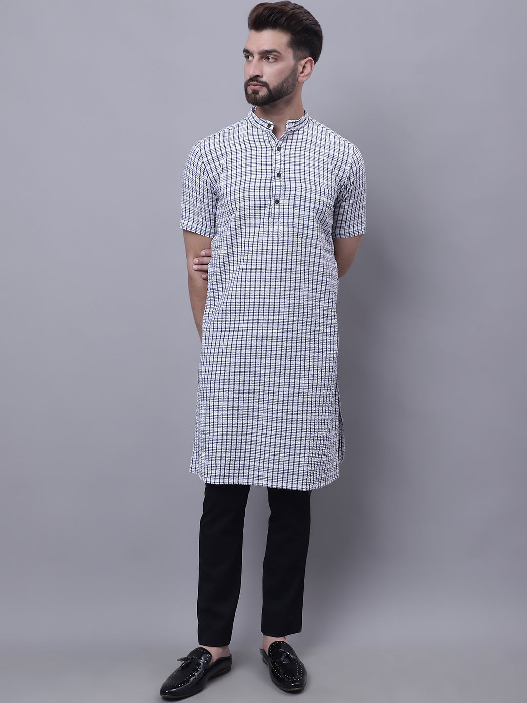 Men's Pure Cotton Short Sleeves Kurta With Band Collar - Even Apparels