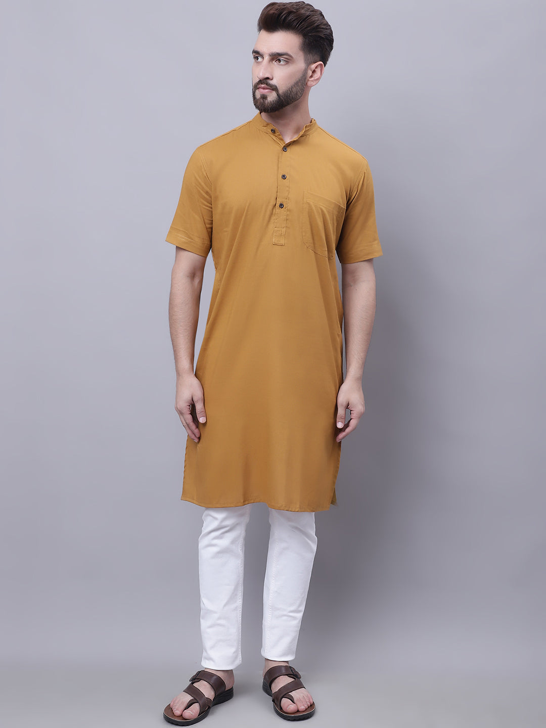 Men's Pure Cotton Short Sleeves Kurta With Band Collar - Even Apparels