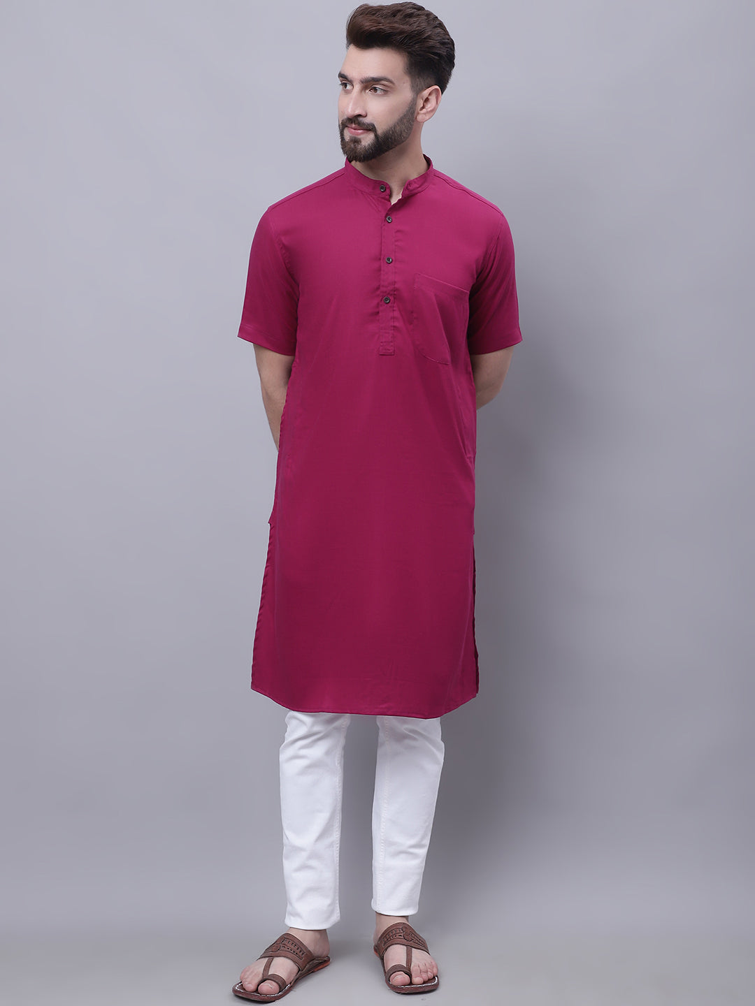 Men's Pure Cotton Short Sleeves Kurta With Band Collar - Even Apparels