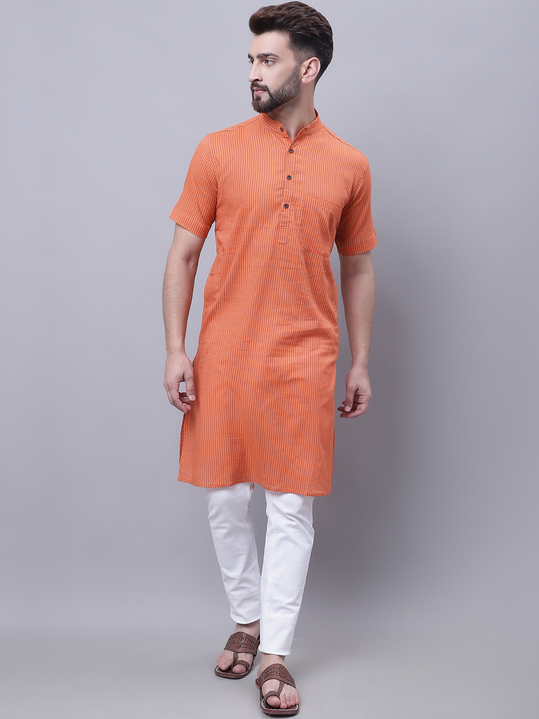 Men's Pure Cotton Short Sleeves Kurta With Band Collar - Even Apparels