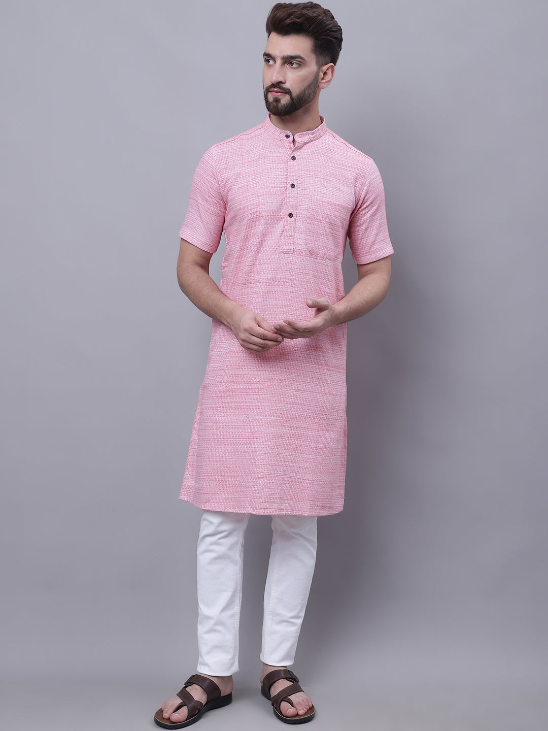 Men's Pure Cotton Short Sleeves Kurta With Band Collar - Even Apparels