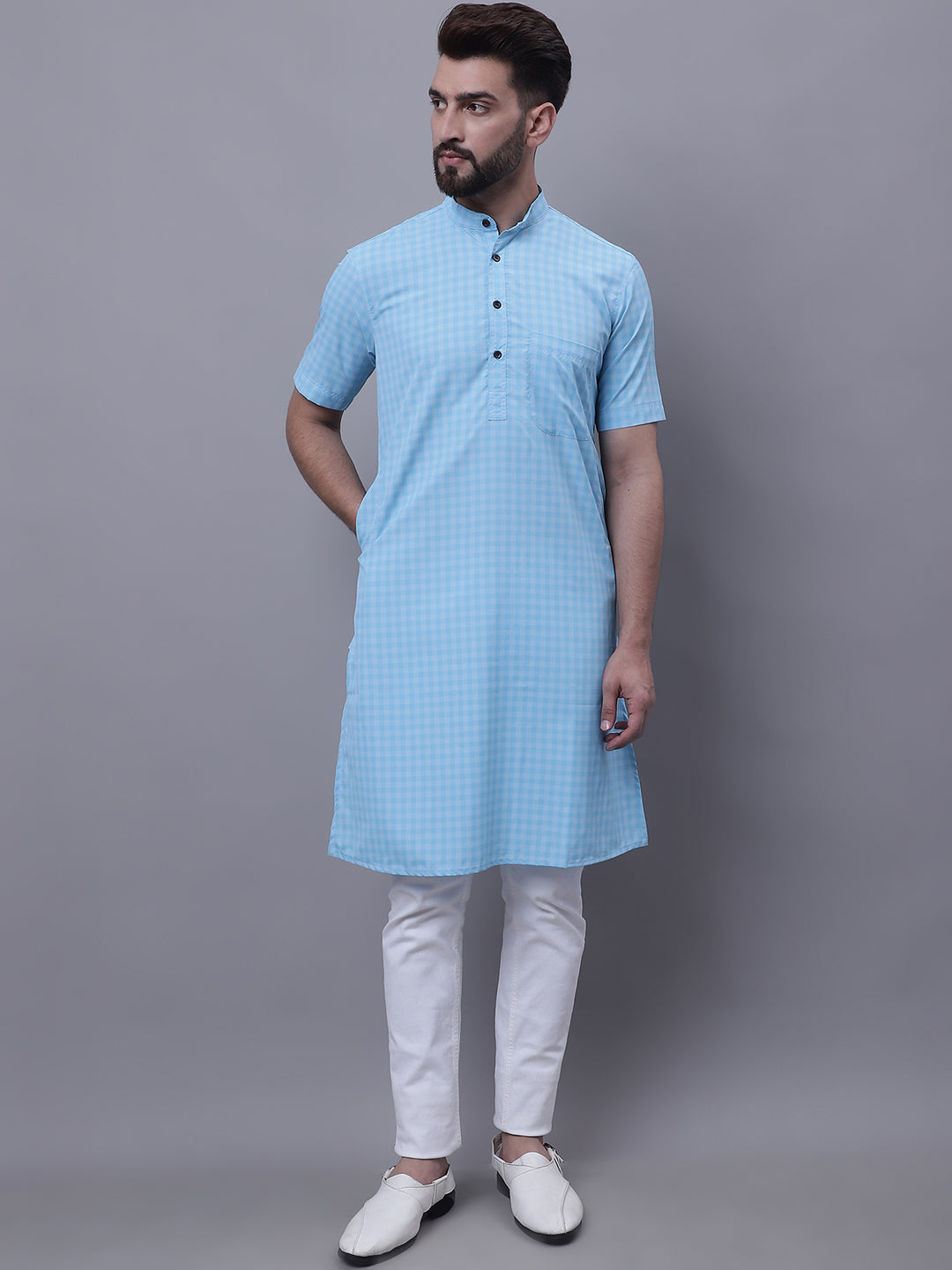 Men's Pure Cotton Short Sleeves Kurta With Band Collar - Even Apparels