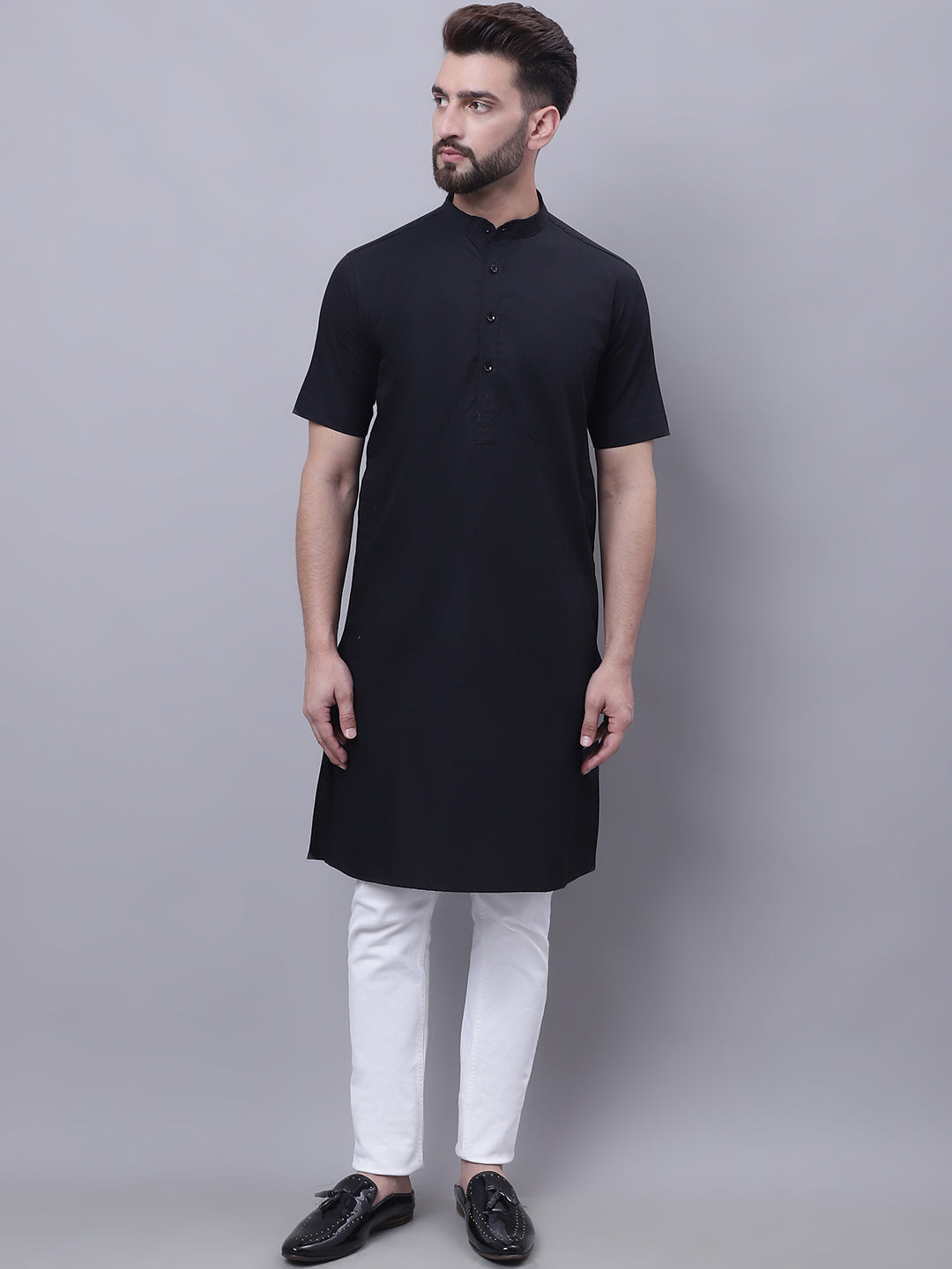 Men's Pure Cotton Short Sleeves Kurta With Band Collar - Even Apparels