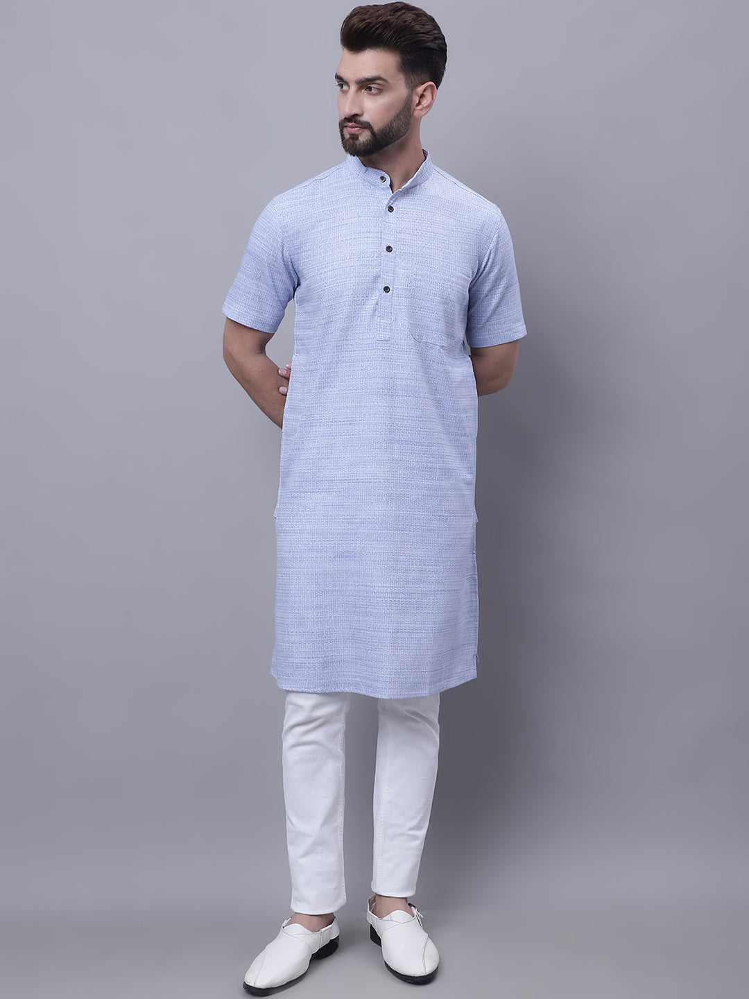 Men's Pure Cotton Short Sleeves Kurta With Band Collar - Even Apparels