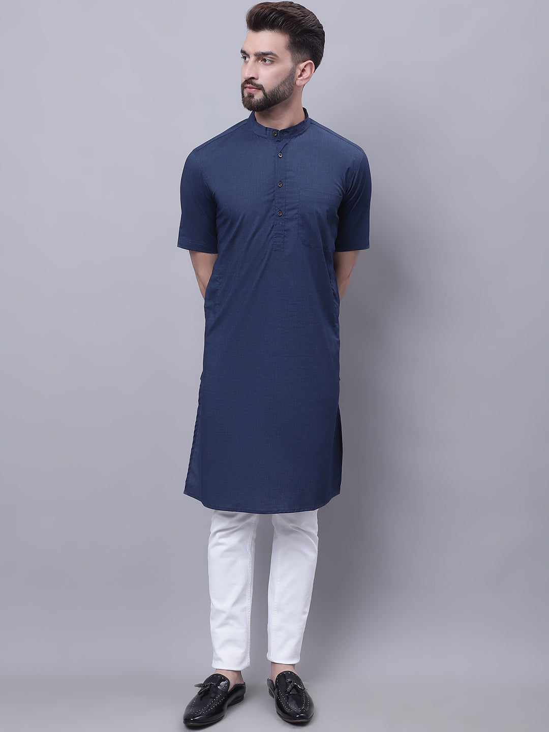 Men's Pure Cotton Short Sleeves Kurta With Band Collar - Even Apparels