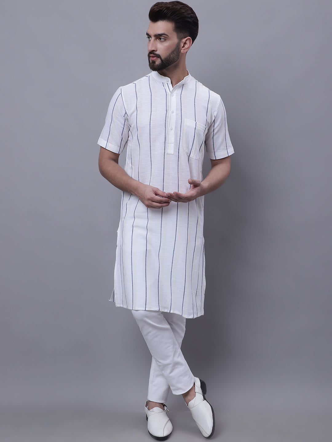 Men's Pure Cotton Short Sleeves Kurta With Band Collar - Even Apparels