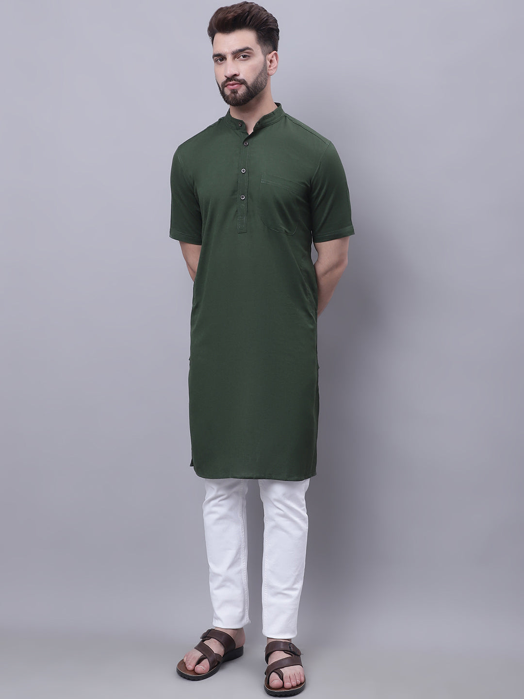 Men's Pure Cotton Short Sleeves Kurta With Band Collar - Even Apparels