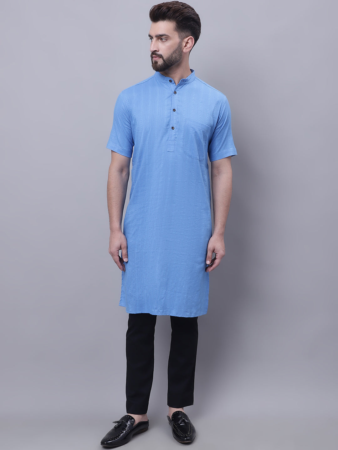 Men's Pure Cotton Short Sleeves Kurta With Band Collar - Even Apparels