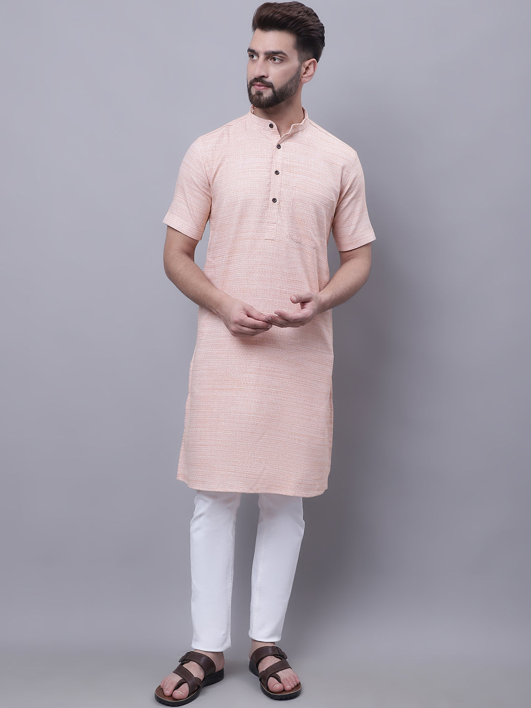 Men's Pure Cotton Short Sleeves Kurta With Band Collar - Even Apparels