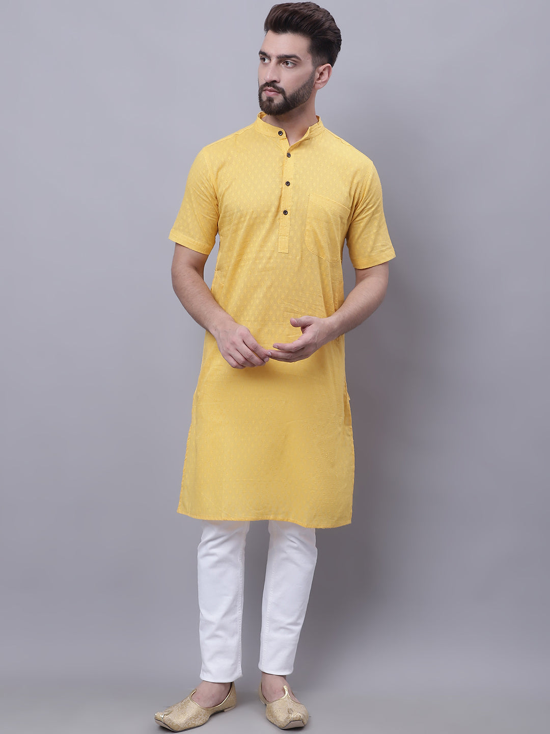 Men's Pure Cotton Short Sleeves Kurta With Band Collar - Even Apparels