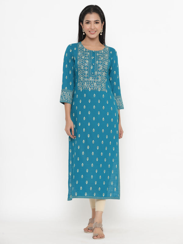 Women's Blue Rayon Printed Kurta by Kipek (1 Pc Set)