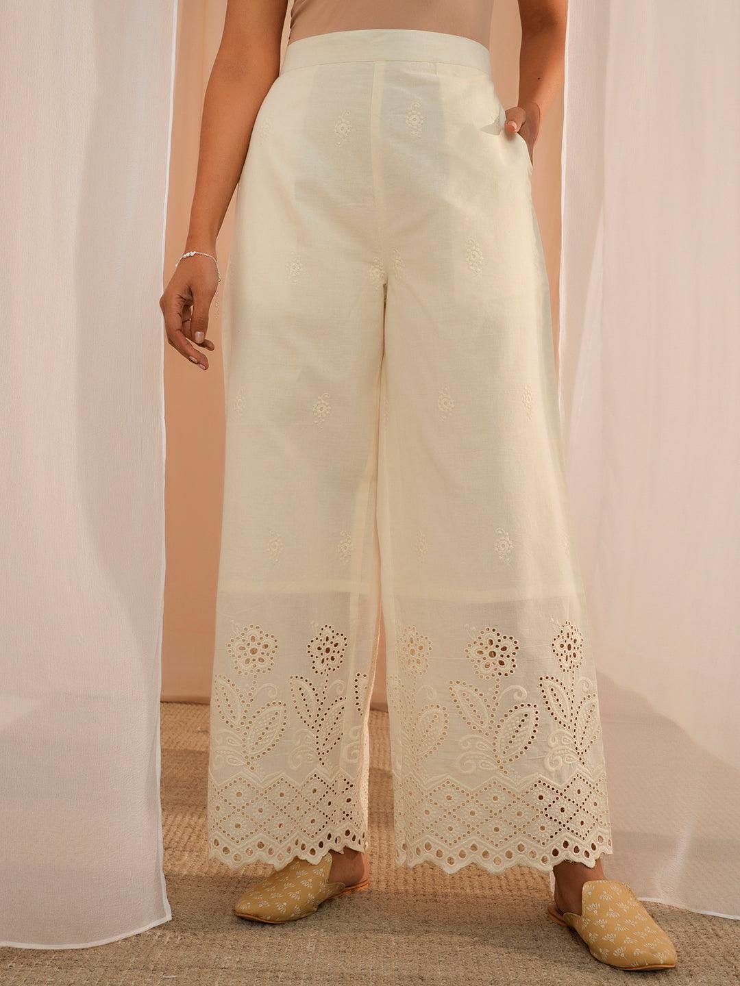 Off White Embroidered Cotton Wide Leg Palazzos - Jashvi