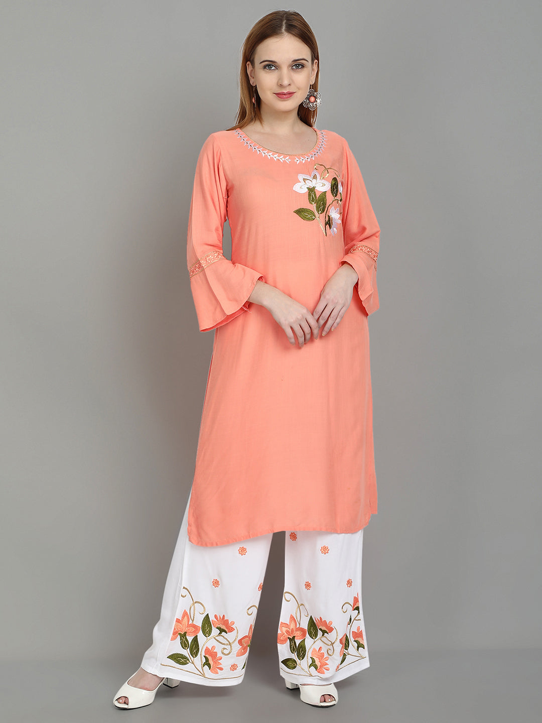 Women's Peach Rayon Kurta And Sharara Set - Noz2Toz