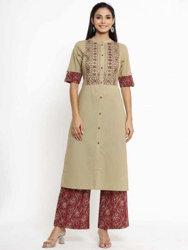 Women's Brown Cotton Kurta with Palazzo by Kipek (2pcs set)