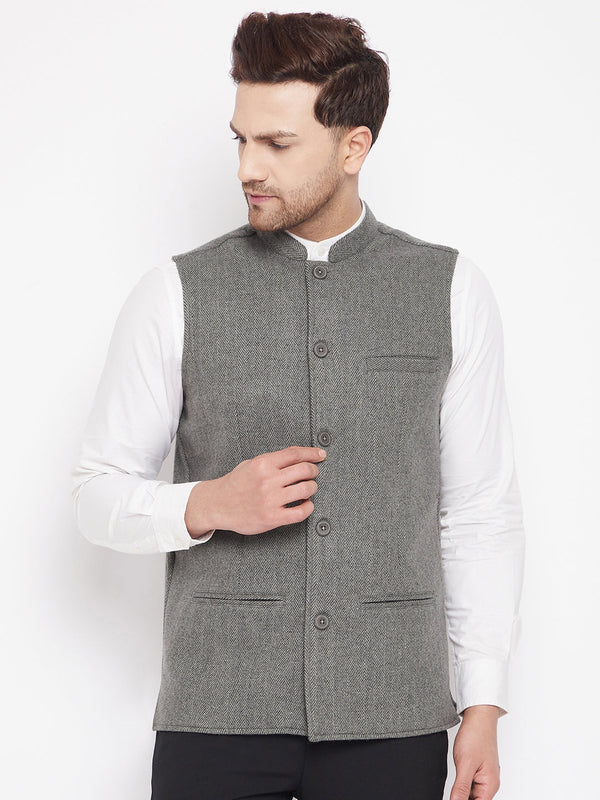 Men's Grey Color Woven Nehru Jacket - Even Apparels