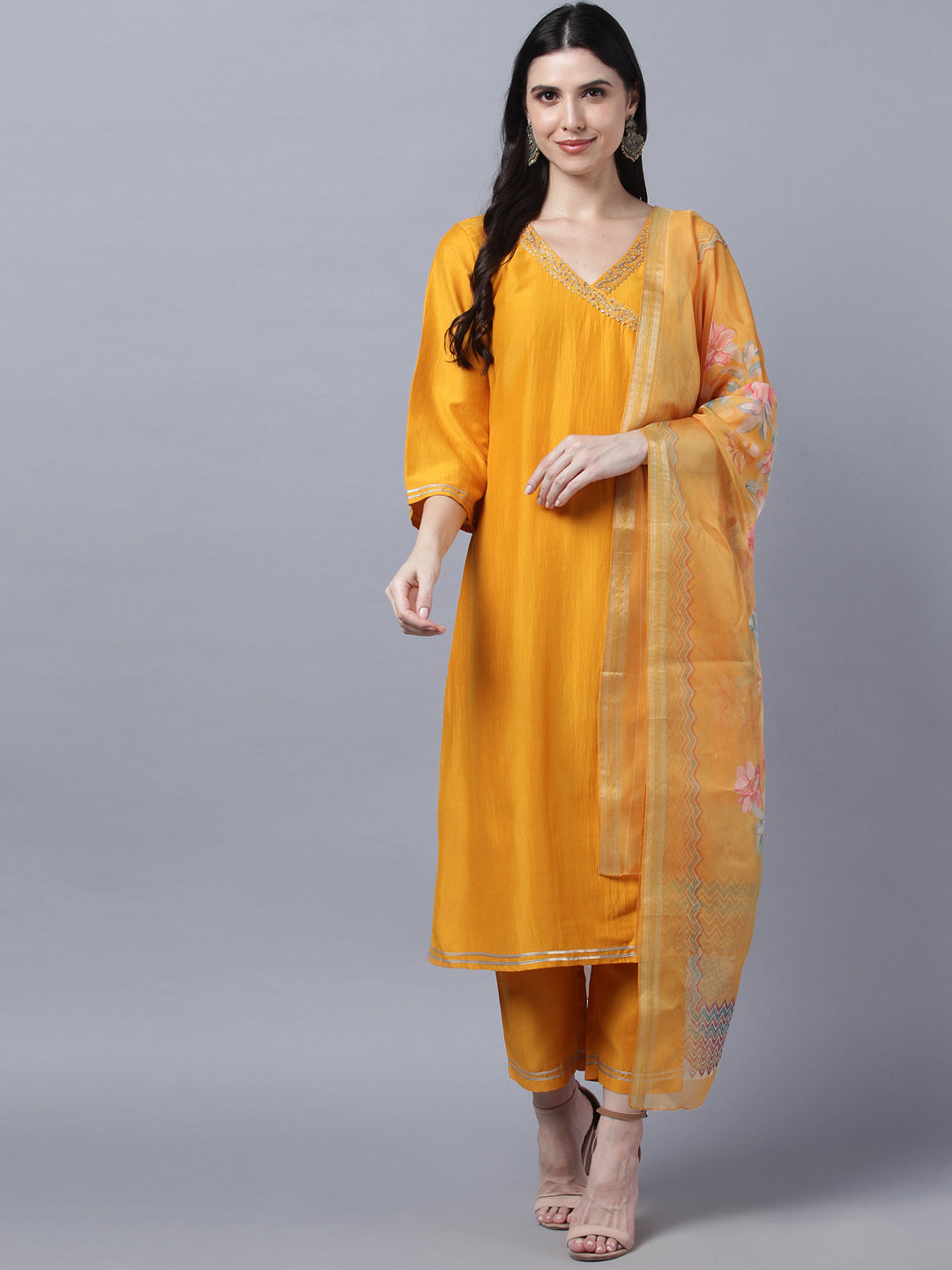 Women's Stylish Mustard  3/4 Sleeve Kurta Pant With Dupatta Set - Myshka