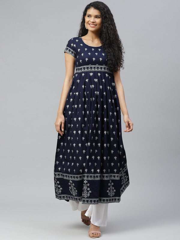 Women's Blue Silver Print Stylish Cotton Anarkali Kurta - Poshak Hub