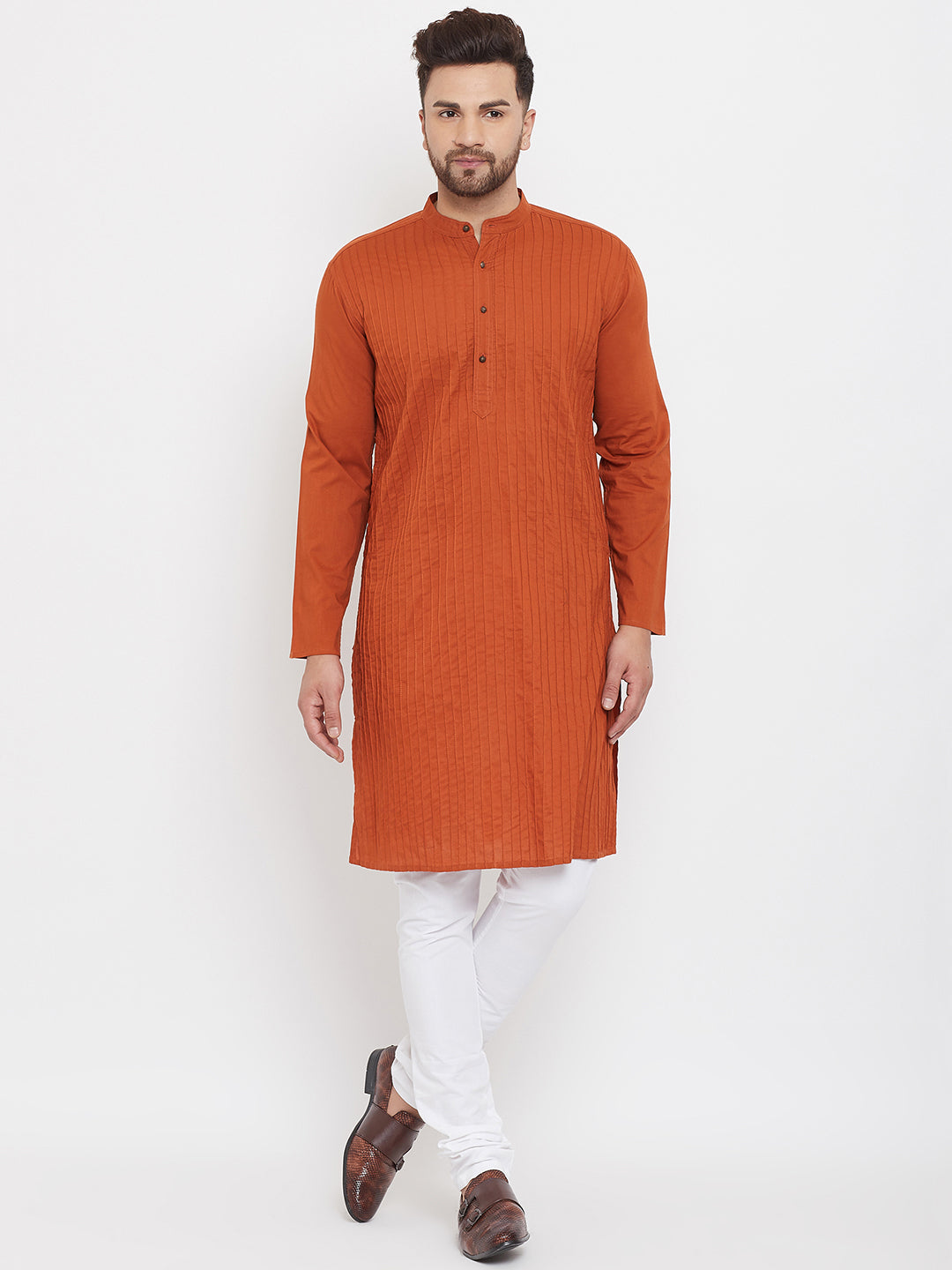 Men's Rust Pure Cotton Kurta With Band Collar - Even Apparels