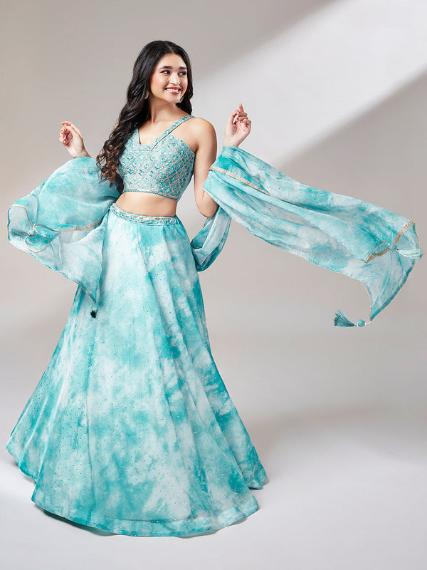 Women's Turquoise Blue Organza Floral Printed Semi-Stitched Lehenga Choli & Dupatta - Royal Dwells