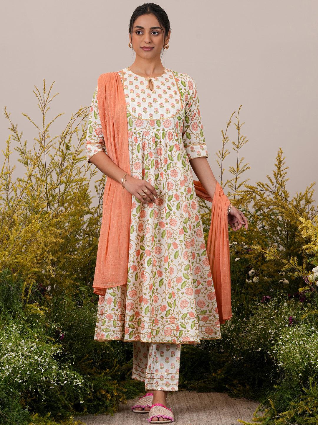 Off White Yoke Design Cotton Anarkali Suit With Dupatta - Jashvi