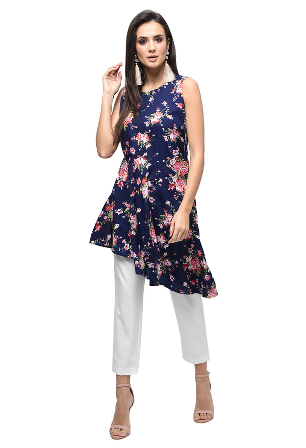 Women's Dark Blue Polyester Printed Sleeveless Round Neck Casual Kurta Only - Myshka