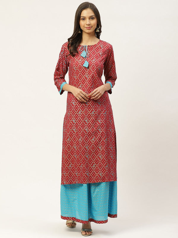 Women's Red & Blue Ethnic Motifs Hand Printed Kurta with Skirt - Maaesa