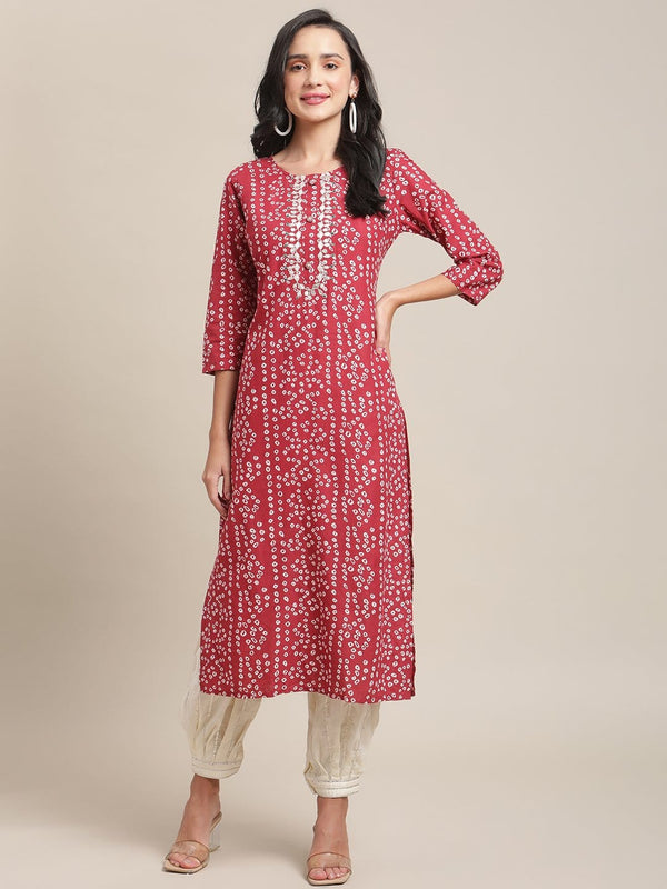 Women's Red And White Round Neckline Bandhani Printed  Straight Kurta With Embroidery And 3/4Th Sleeve - Varanga