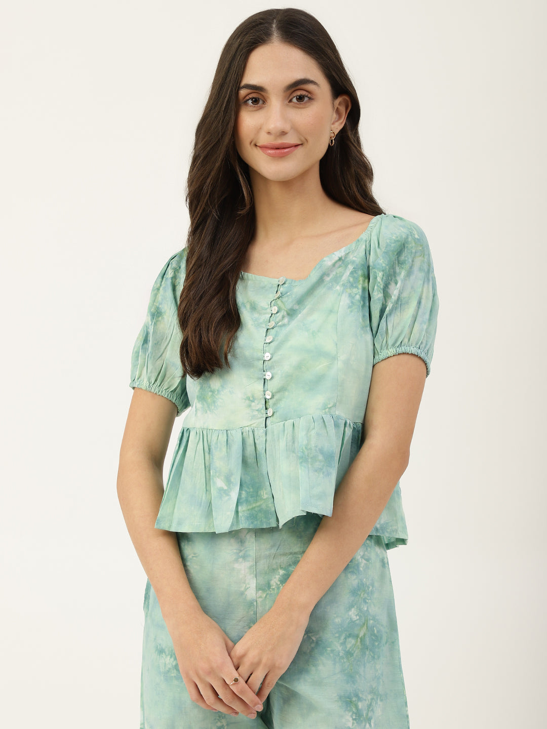 Women's Green Cotton Tie-Dye Square Neck Fitted Top With Front Button Closure And Puffed Sleeves - Deckedup