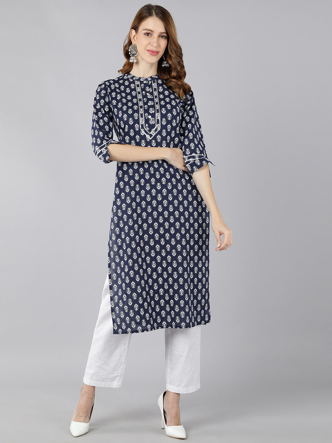 Women's Cotton Block Print Straight Kurta (Navy Blue) - Kipek