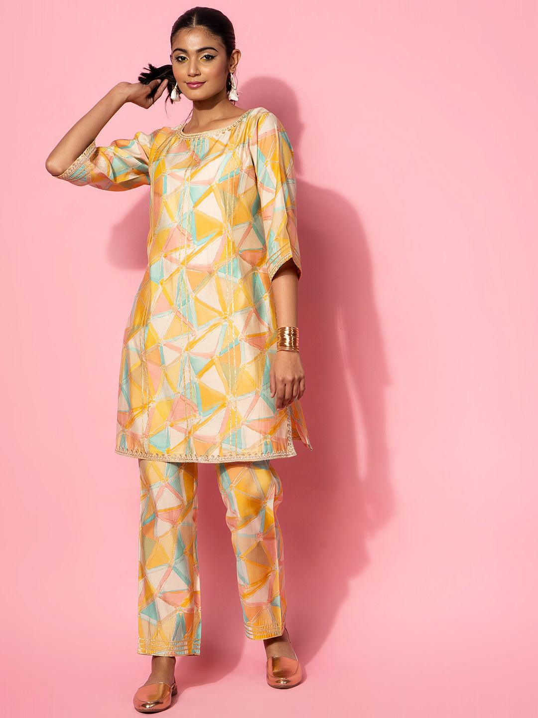 Yellow Printed Silk Blend Co-Ords - Jashvi