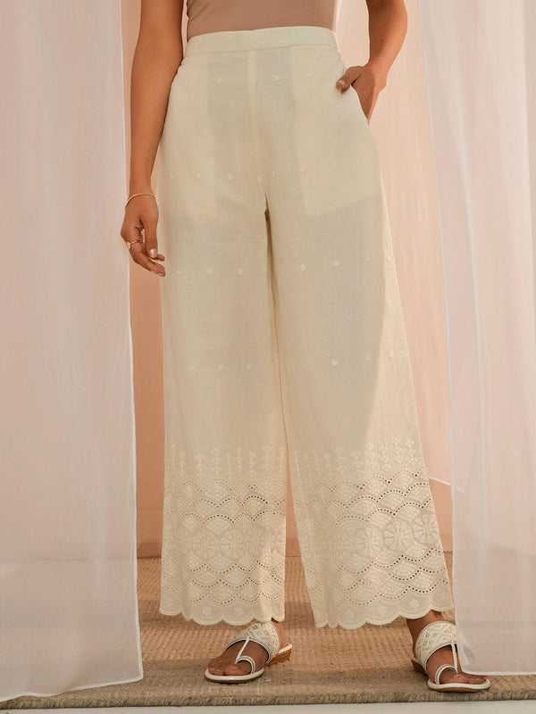 Off White Embroidered Cotton Wide Leg Palazzos