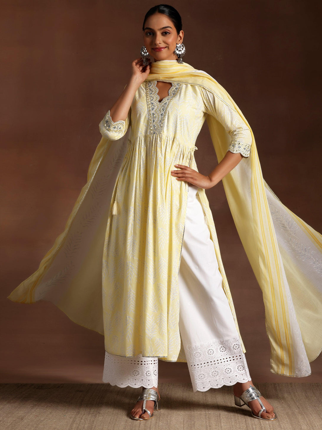 Mahnoor Yellow Printed Cotton A-Line Kurta With Palazzos & Dupatta - Jashvi