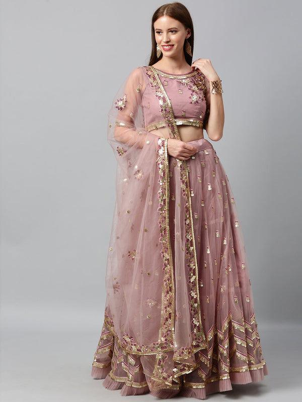 Women's Rose Gold Net  Thread And Sequince Work Lehenga Choli - Royal Dwells