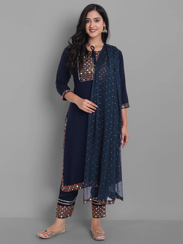 Women's Embroidred Kurta Pant And Dupatta Set (Navy Blue) - Noz2Toz