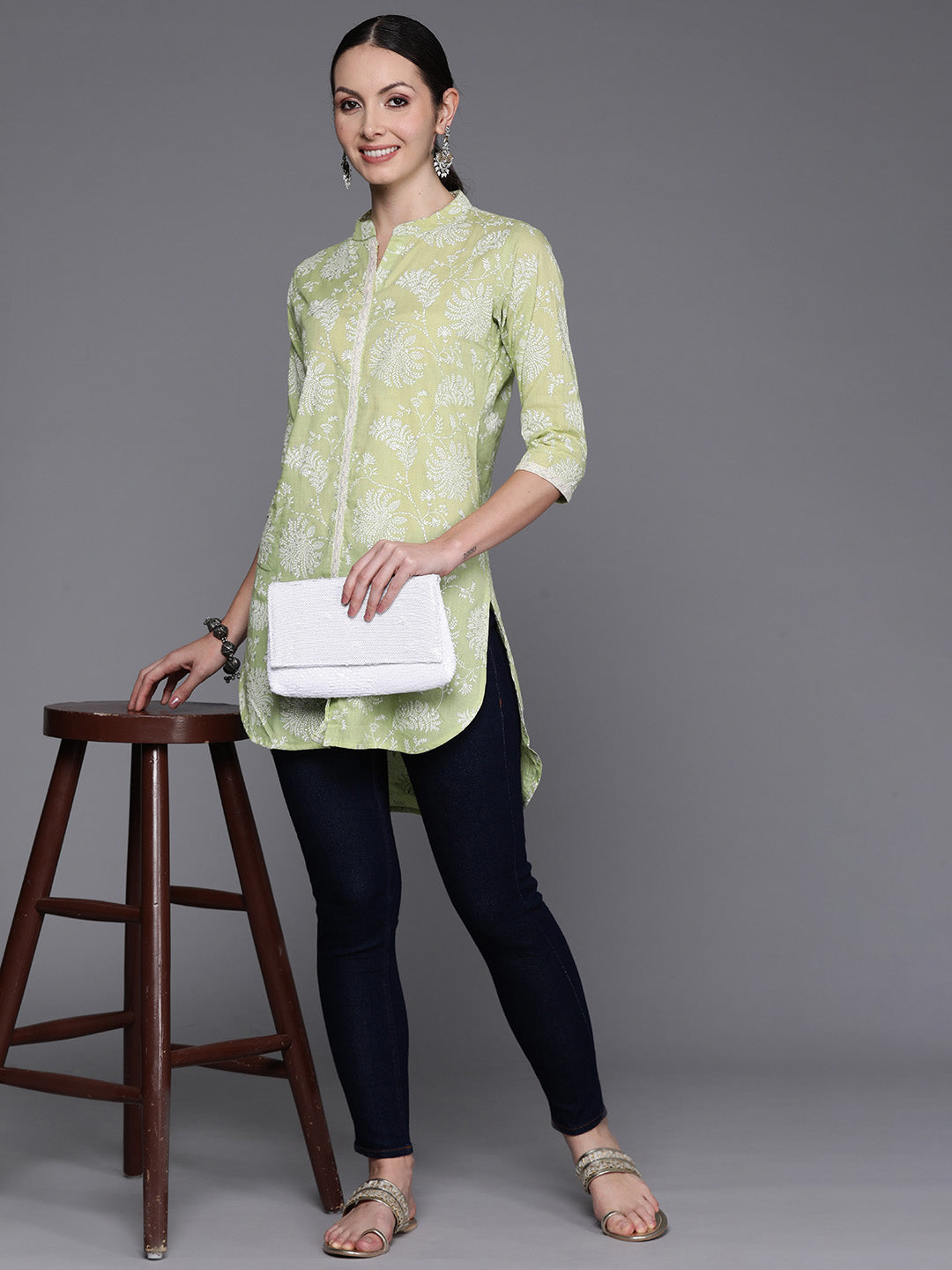 Women's Mandarin Collar Floral Printed Tunic With Lace Inserts Detail - Ahalyaa