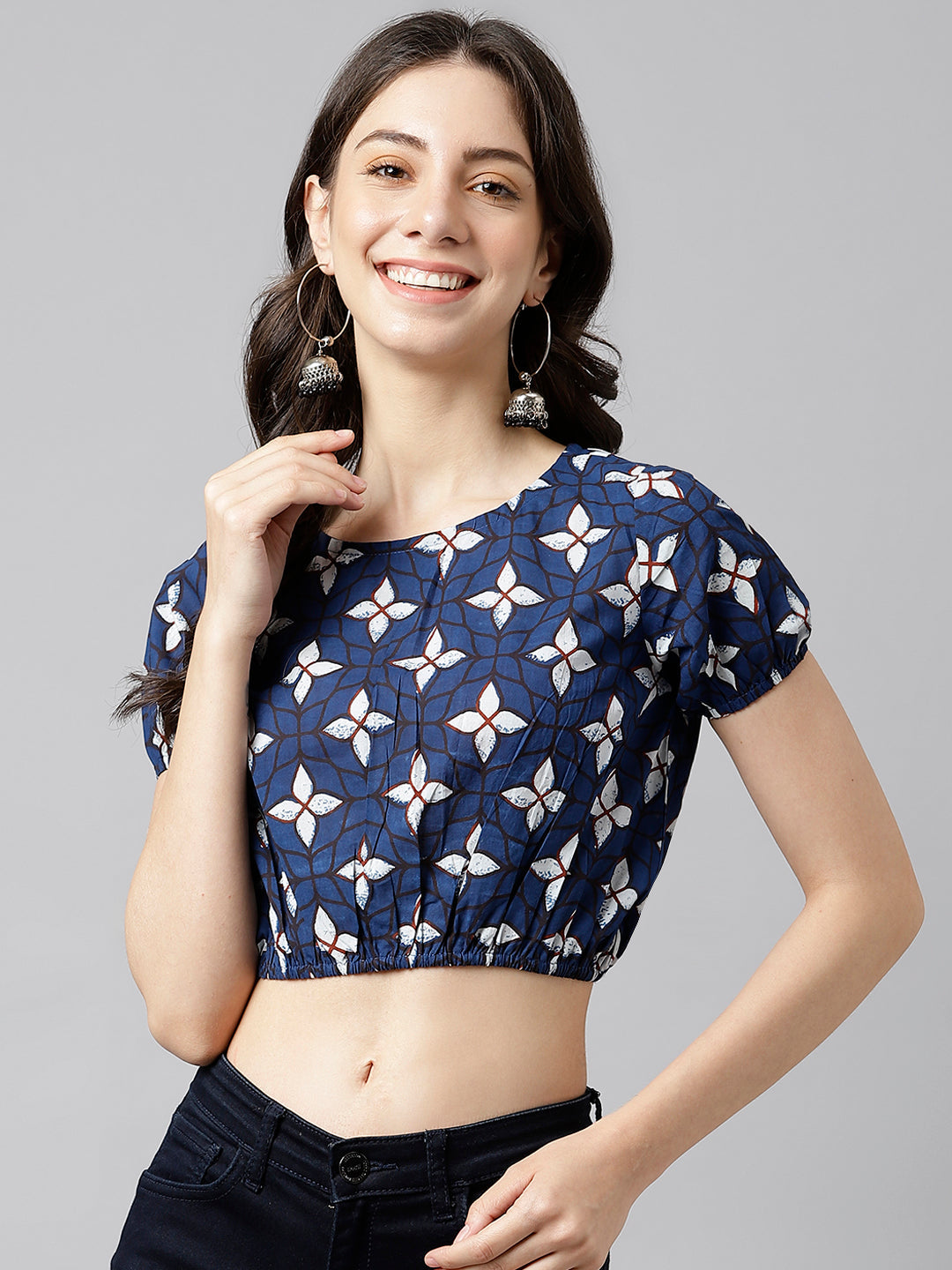 Women's Indigo Printed Cotton Elasticated Crop Top - Deckedup