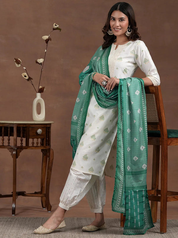 Off White Printed Silk Blend Straight Suit With Dupatta