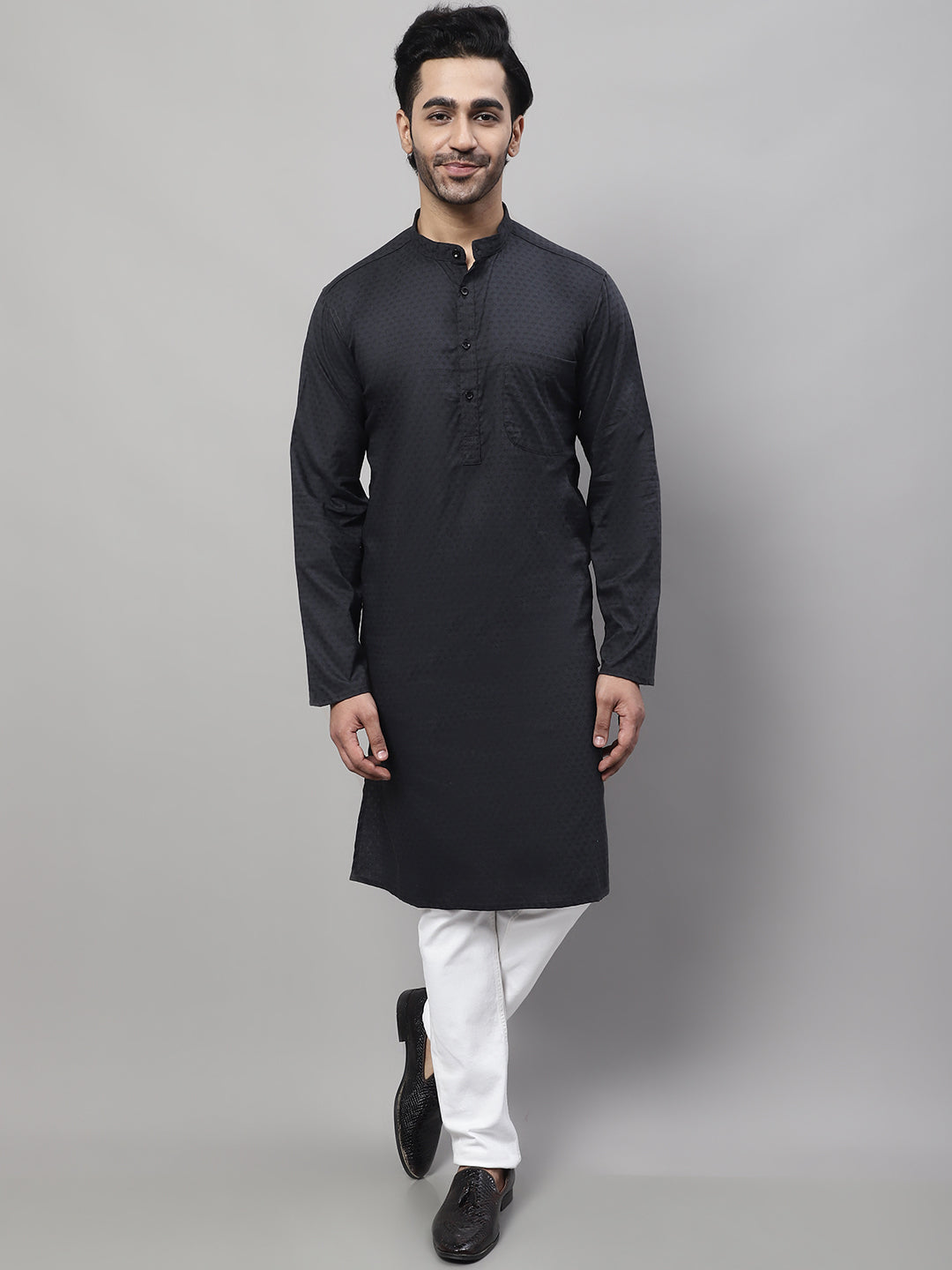 Men's Black Pure Cotton Kurta With Band Collar - Even Apparels