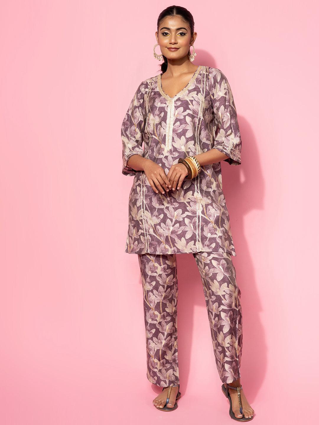 Purple Printed Silk Blend Co-Ords - Jashvi